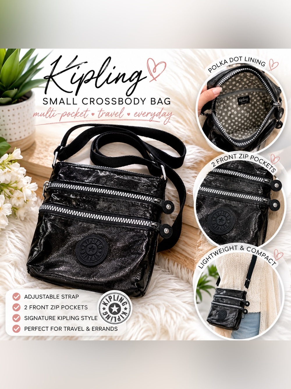 Kipling Small Black Coated Crossbody Bag - Multi-Pocket
